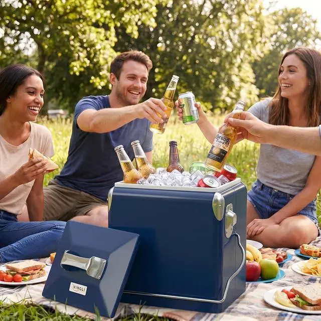 Alt view image 2 of 7 - 14qt Small Insulated Portable Cooler, Retro Vintage Classic Style Hard Metal Cooler for Barbeques, Camping, Fishing and Picnics