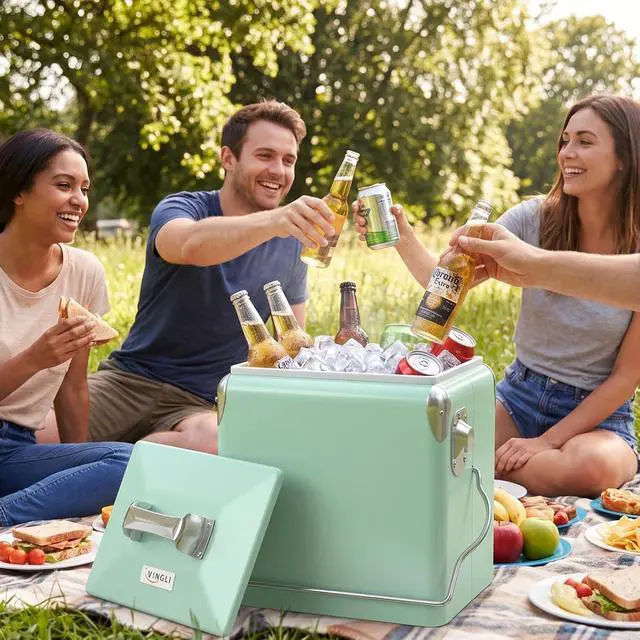 Alt view image 2 of 7 - 14qt Small Insulated Portable Cooler, Retro Vintage Classic Style Hard Metal Cooler for Barbeques, Camping, Fishing and Picnics
