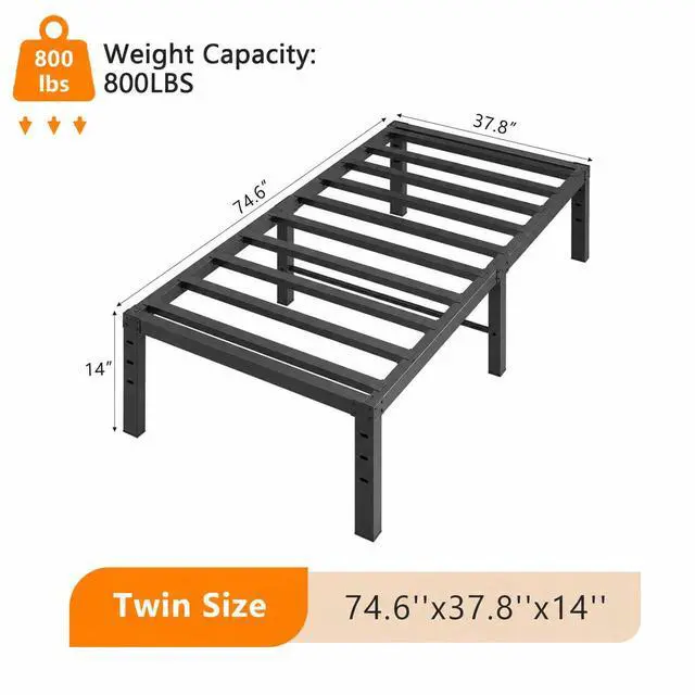 Alt view image 2 of 7 - 14 Inch Twin Bed Frame, Heavy Duty Metal Platform, No Box Spring Needed, Sturdy Steel Slat Support, Easy Assembly, Noise-Free, 12.4 Inch Underbed Storage,Black