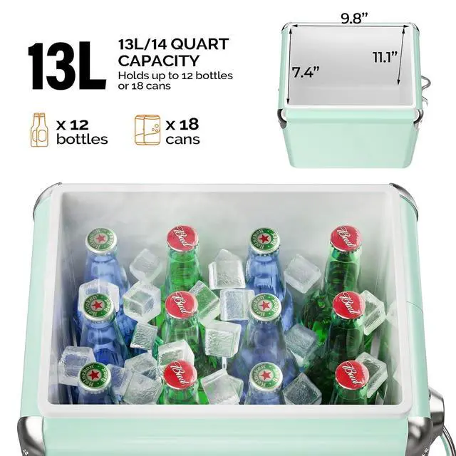 Alt view image 4 of 7 - 14qt Small Insulated Portable Cooler, Retro Vintage Classic Style Hard Metal Cooler for Barbeques, Camping, Fishing and Picnics