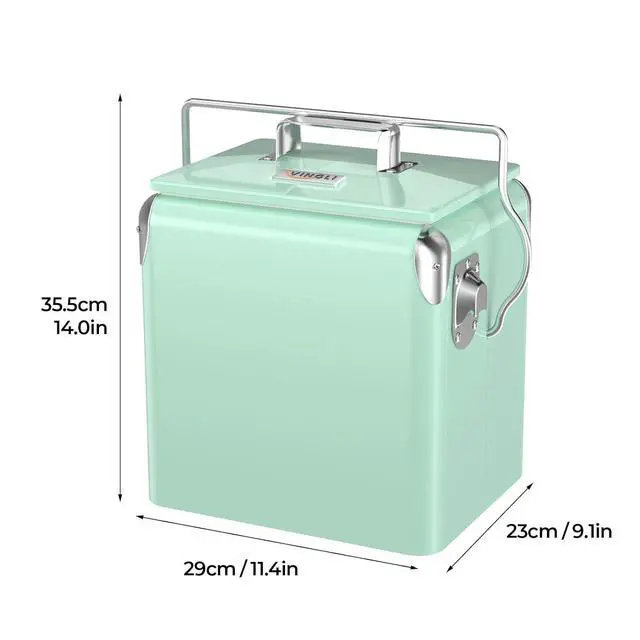 Alt view image 7 of 7 - 14qt Small Insulated Portable Cooler, Retro Vintage Classic Style Hard Metal Cooler for Barbeques, Camping, Fishing and Picnics