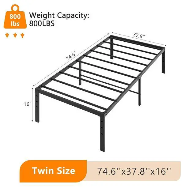 Alt view image 2 of 7 - 16 Inch Twin Bed Frame, Heavy Duty Metal Platform, No Box Spring Needed, Sturdy Steel Slat Support, Easy Assembly, Noise-Free, 14.4 Inch Underbed Storage,Black