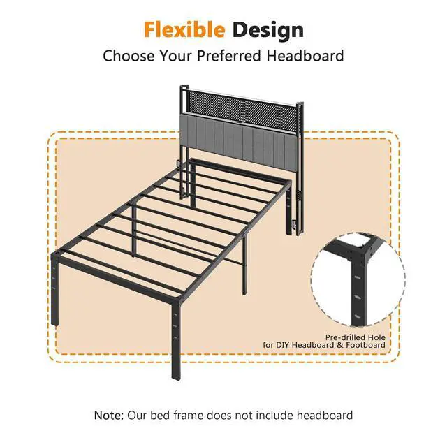 Alt view image 5 of 7 - 16 Inch Twin Bed Frame, Heavy Duty Metal Platform, No Box Spring Needed, Sturdy Steel Slat Support, Easy Assembly, Noise-Free, 14.4 Inch Underbed Storage,Black