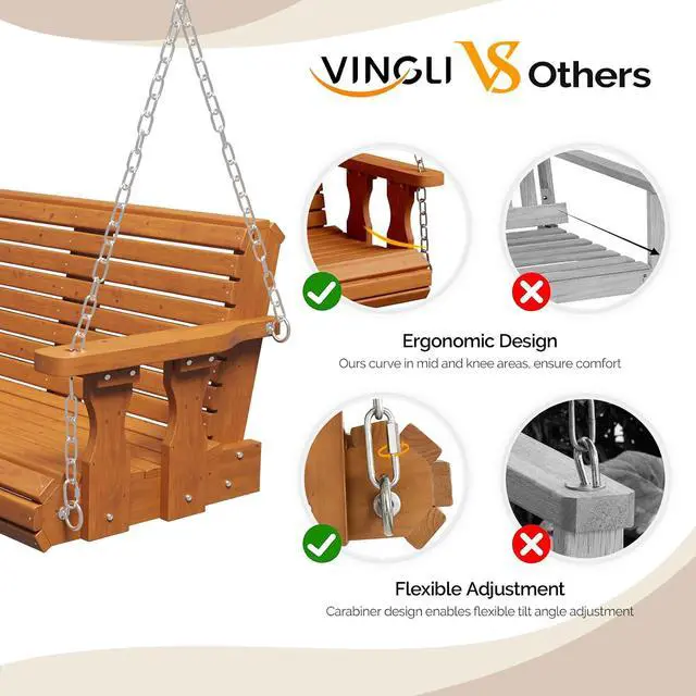 Alt view image 2 of 7 - 2026 Upgraded 4 FT Wooden Porch Swing, 880 LBS Heavy Duty, Brown | 2026 Upgraded Design; Heavy-Duty Wooden Swing; Supports 880 Lbs; Hanging Chains Included; Ideal For Garden, Patio & Yard
