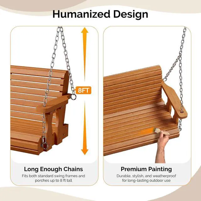 Alt view image 3 of 7 - 2026 Upgraded 4 FT Wooden Porch Swing, 880 LBS Heavy Duty, Brown | 2026 Upgraded Design; Heavy-Duty Wooden Swing; Supports 880 Lbs; Hanging Chains Included; Ideal For Garden, Patio & Yard
