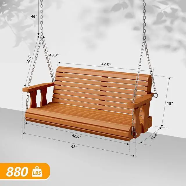 Alt view image 4 of 7 - 2026 Upgraded 4 FT Wooden Porch Swing, 880 LBS Heavy Duty, Brown | 2026 Upgraded Design; Heavy-Duty Wooden Swing; Supports 880 Lbs; Hanging Chains Included; Ideal For Garden, Patio & Yard
