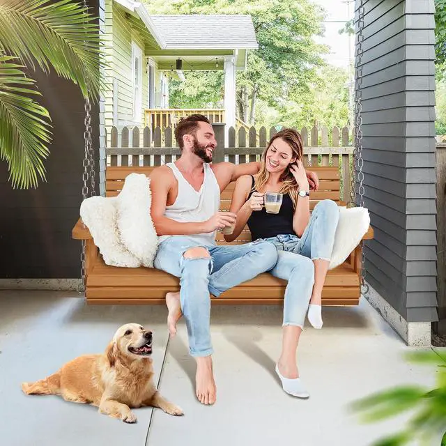 Alt view image 5 of 7 - 2026 Upgraded 4 FT Wooden Porch Swing, 880 LBS Heavy Duty, Brown | 2026 Upgraded Design; Heavy-Duty Wooden Swing; Supports 880 Lbs; Hanging Chains Included; Ideal For Garden, Patio & Yard