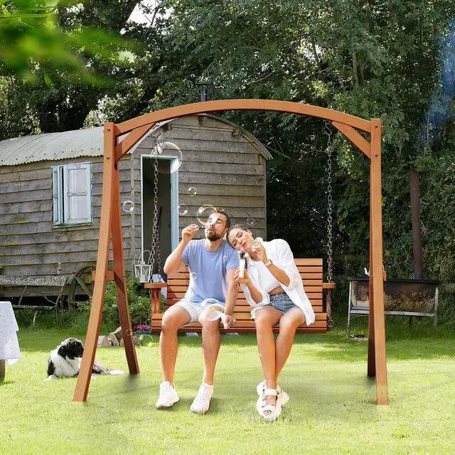Alt view image 6 of 7 - 2026 Upgraded 4 FT Wooden Porch Swing, 880 LBS Heavy Duty, Brown | 2026 Upgraded Design; Heavy-Duty Wooden Swing; Supports 880 Lbs; Hanging Chains Included; Ideal For Garden, Patio & Yard