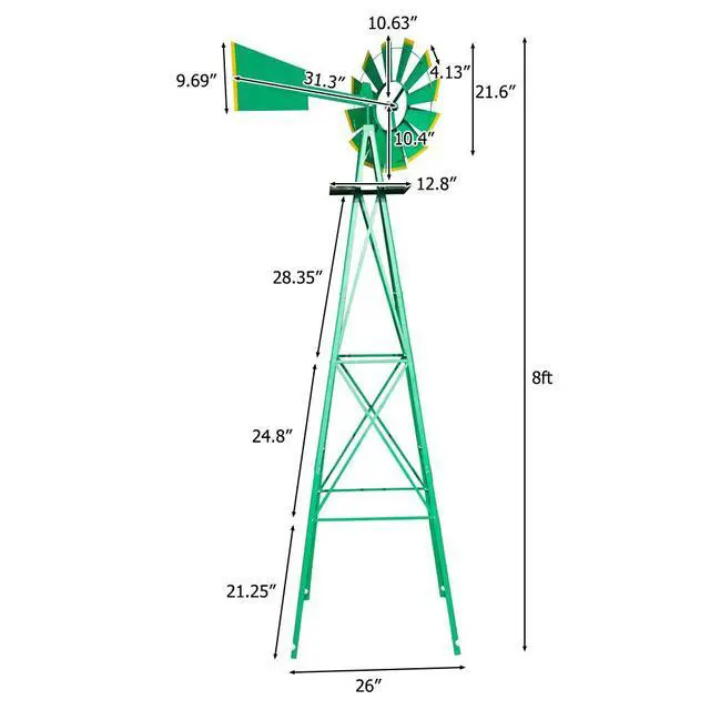 Alt view image 2 of 7 - 8FT Ornamental Windmill Backyard Garden Decoration Weather Vane, Heavy Duty Metal Wind Mill w/ 4 Legs Design (Green)