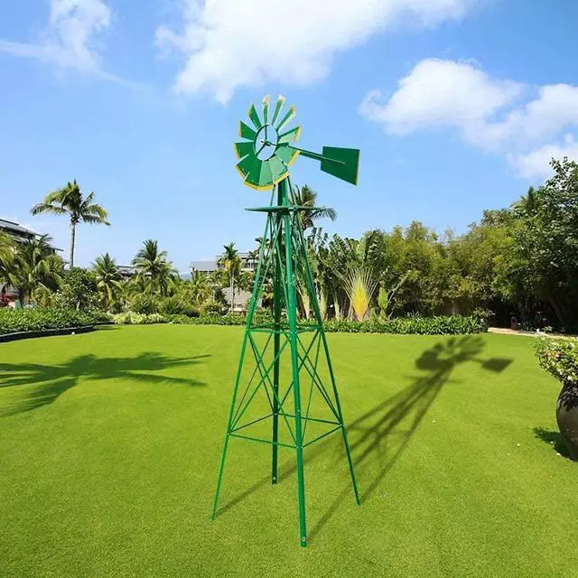 Alt view image 3 of 7 - 8FT Ornamental Windmill Backyard Garden Decoration Weather Vane, Heavy Duty Metal Wind Mill w/ 4 Legs Design (Green)