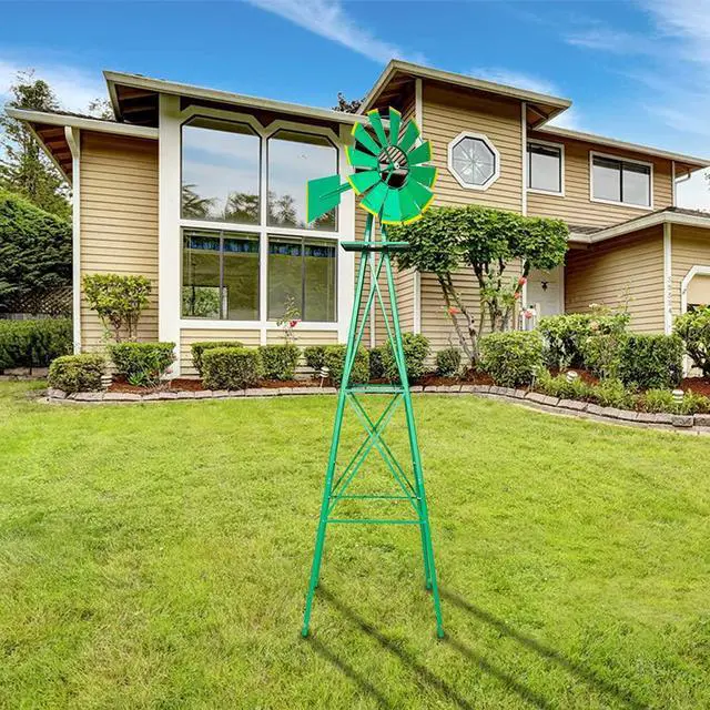 Alt view image 5 of 7 - 8FT Ornamental Windmill Backyard Garden Decoration Weather Vane, Heavy Duty Metal Wind Mill w/ 4 Legs Design (Green)