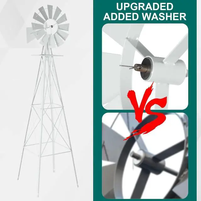 Alt view image 2 of 7 - 8FT Ornamental Windmill Backyard Garden Decoration Weather Vane, Heavy Duty Metal Wind Mill w/ 4 Legs Design (White)
