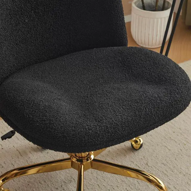 Alt view image 7 of 7 - Wide Criss Cross Legged Office Chair,Buttprint Ergonomic Desk Chair Comfy with Pillow&Gold Base,Dual-Use with/no Wheels,Adjustable Vanity Swivel Chair for Bedroom,Home Office,Teddy Fleece,Black