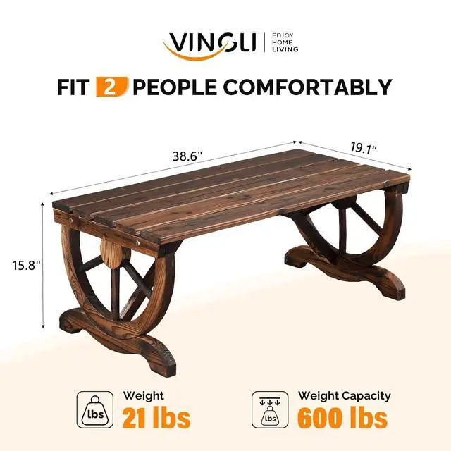 Alt view image 3 of 7 - Rustic Wooden Wheel Bench Outdoor Bench, Patio Bench Wagon Slatted Seat, Garden Benches for Outdoors 350lbs High Capacity, Weather Resistance (Rustic, 38in)