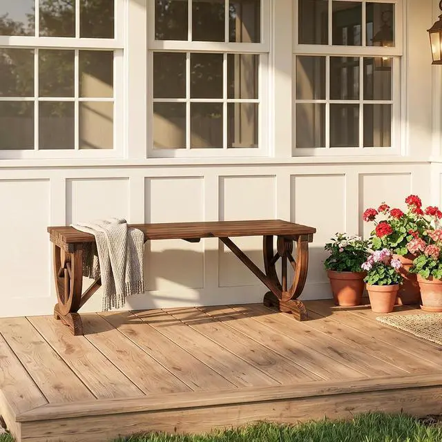 Alt view image 2 of 7 - Rustic Wooden Wheel Bench Outdoor Bench, Patio Bench Wagon Slatted Seat, Garden Benches for Outdoors 350lbs High Capacity, Weather Resistance (Rustic, 38in)