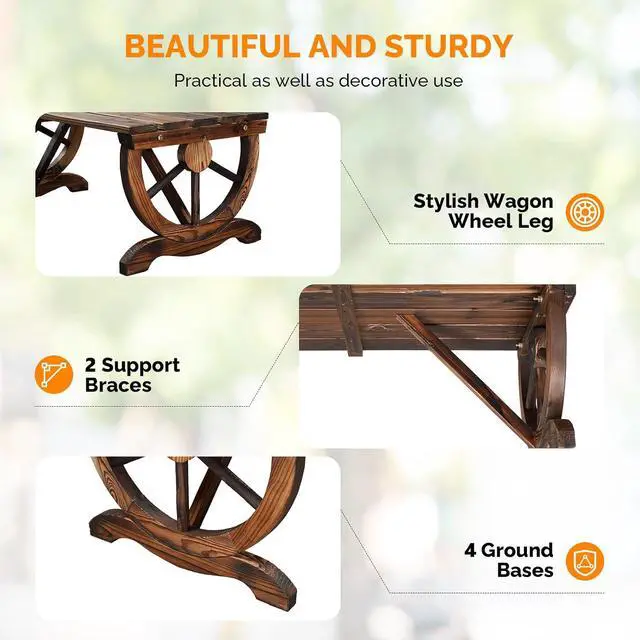 Alt view image 4 of 7 - Rustic Wooden Wheel Bench Outdoor Bench, Patio Bench Wagon Slatted Seat, Garden Benches for Outdoors 350lbs High Capacity, Weather Resistance (Rustic, 38in)