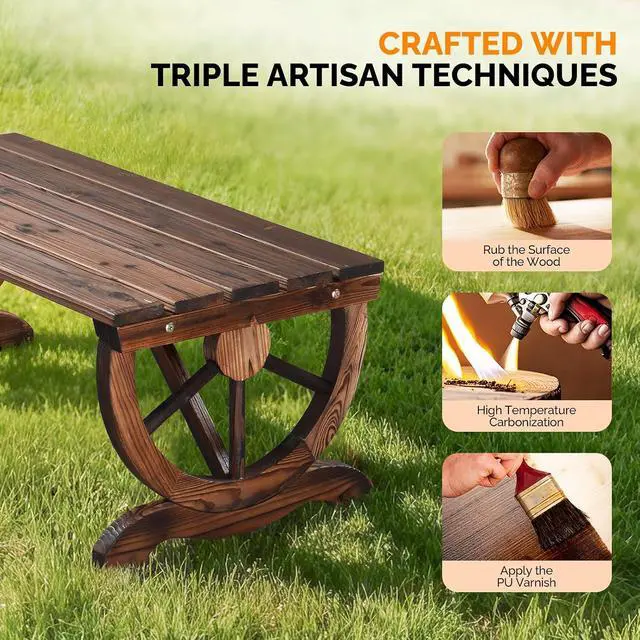 Alt view image 5 of 7 - Rustic Wooden Wheel Bench Outdoor Bench, Patio Bench Wagon Slatted Seat, Garden Benches for Outdoors 350lbs High Capacity, Weather Resistance (Rustic, 38in)