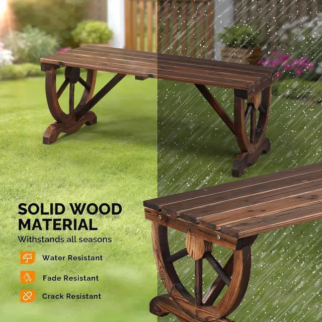 Alt view image 6 of 7 - Rustic Wooden Wheel Bench Outdoor Bench, Patio Bench Wagon Slatted Seat, Garden Benches for Outdoors 350lbs High Capacity, Weather Resistance (Rustic, 38in)