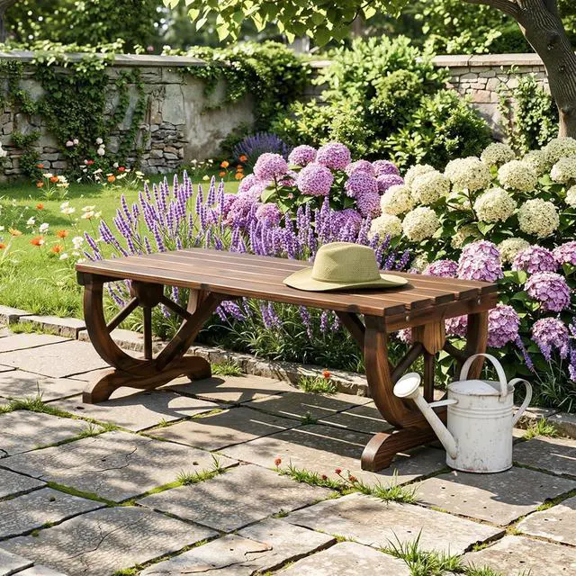 Alt view image 7 of 7 - Rustic Wooden Wheel Bench Outdoor Bench, Patio Bench Wagon Slatted Seat, Garden Benches for Outdoors 350lbs High Capacity, Weather Resistance (Rustic, 38in)
