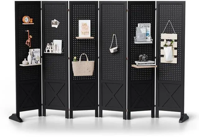 Main image of Freestanding Pegboard with Support Feet, 5 FT Wood Room Divider Display Board Organizer, Folding Privacy Screen Partition Space Separator for Craft Shows Events Retail (Black, 6 Panel)