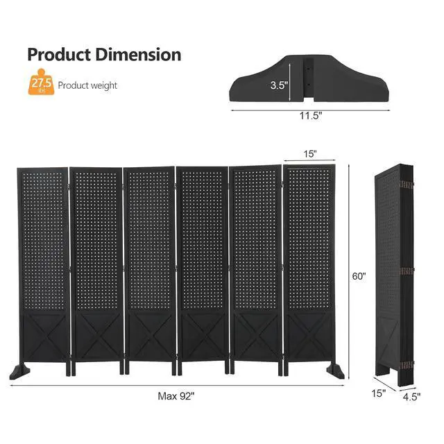 Alt view image 2 of 7 - Freestanding Pegboard with Support Feet, 5 FT Wood Room Divider Display Board Organizer, Folding Privacy Screen Partition Space Separator for Craft Shows Events Retail (Black, 6 Panel)
