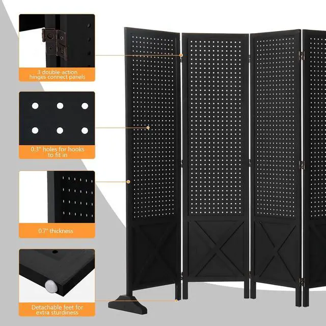 Alt view image 4 of 7 - Freestanding Pegboard with Support Feet, 5 FT Wood Room Divider Display Board Organizer, Folding Privacy Screen Partition Space Separator for Craft Shows Events Retail (Black, 6 Panel)