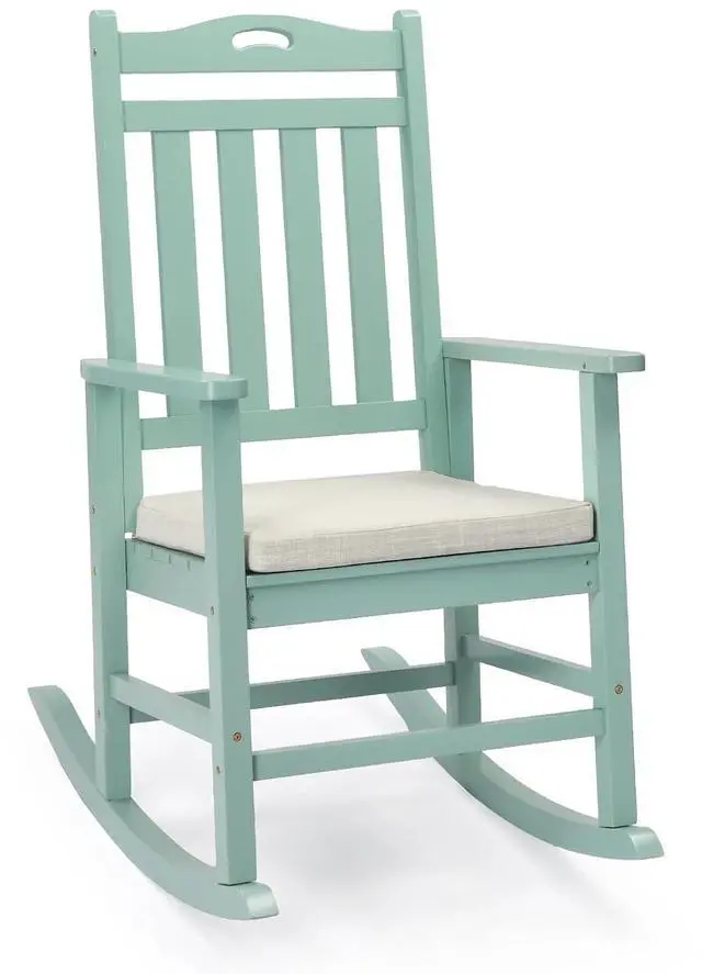 Main image of Outdoor Rocking Chair, Wooden Rocking Chair with Cushion, Green | Heavy Duty 450 LBS, Poplar Wood, All-Weather Wooden Rocker Support for Porch, Garden, Deck