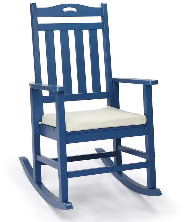 Main image of Outdoor Rocking Chair, Wooden Rocking Chair with Cushion, Blue | Heavy Duty 450 LBS, Poplar Wood, All-Weather Wooden Rocker Support for Porch, Garden, Deck
