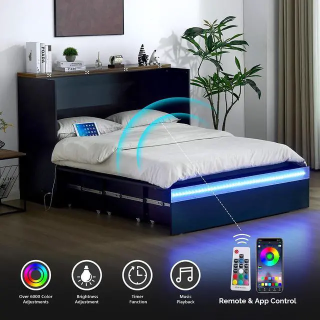 Alt view image 4 of 7 - VINGLI Queen Size Murphy Bed with Storage Drawer,Smart LED Lighting,Built-in 2 Charging Stations, Space-Saving Cabinet Bedfor Kids,Adults & Guests,Classic Black
