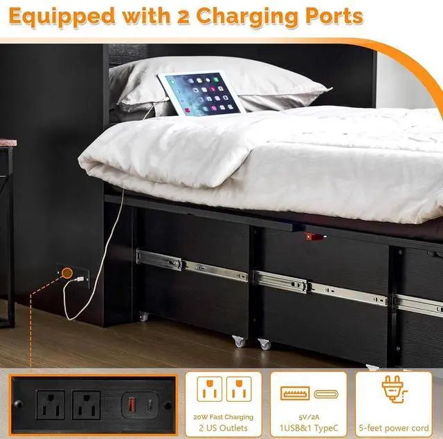 Alt view image 6 of 7 - VINGLI Queen Size Murphy Bed with Storage Drawer,Smart LED Lighting,Built-in 2 Charging Stations, Space-Saving Cabinet Bedfor Kids,Adults & Guests,Classic Black