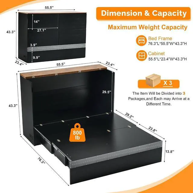 Alt view image 3 of 7 - VINGLI Full Size Murphy Bed with Storage Drawer,Smart LED Lighting,Built-in 2 Charging Stations, Space-Saving Cabinet Bed for Kids,Adults & Guests,Classic Black