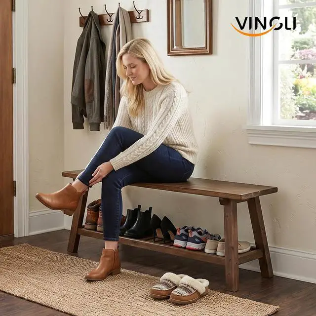 Alt view image 2 of 7 - VINGLI Rustic Storage Bench, Solid Wood Seat with Storage Shelf, Indoor Outdoor Shoe Rack, 450lbs Capacity Small Outdoor Bench for Mudroom Entryway Patio Porch (Brown, 43in)