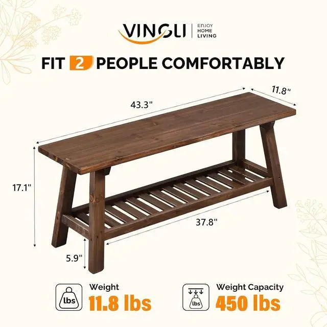 Alt view image 3 of 7 - VINGLI Rustic Storage Bench, Solid Wood Seat with Storage Shelf, Indoor Outdoor Shoe Rack, 450lbs Capacity Small Outdoor Bench for Mudroom Entryway Patio Porch (Brown, 43in)