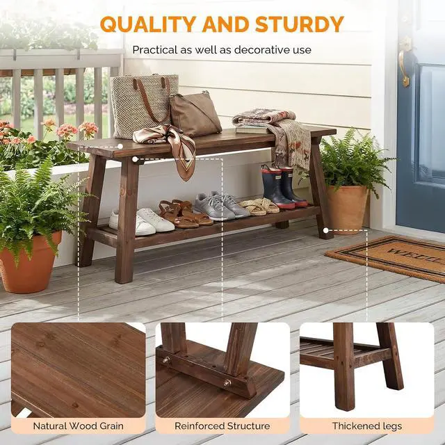 Alt view image 4 of 7 - VINGLI Rustic Storage Bench, Solid Wood Seat with Storage Shelf, Indoor Outdoor Shoe Rack, 450lbs Capacity Small Outdoor Bench for Mudroom Entryway Patio Porch (Brown, 43in)