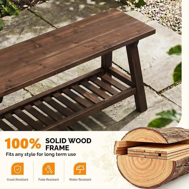 Alt view image 5 of 7 - VINGLI Rustic Storage Bench, Solid Wood Seat with Storage Shelf, Indoor Outdoor Shoe Rack, 450lbs Capacity Small Outdoor Bench for Mudroom Entryway Patio Porch (Brown, 43in)