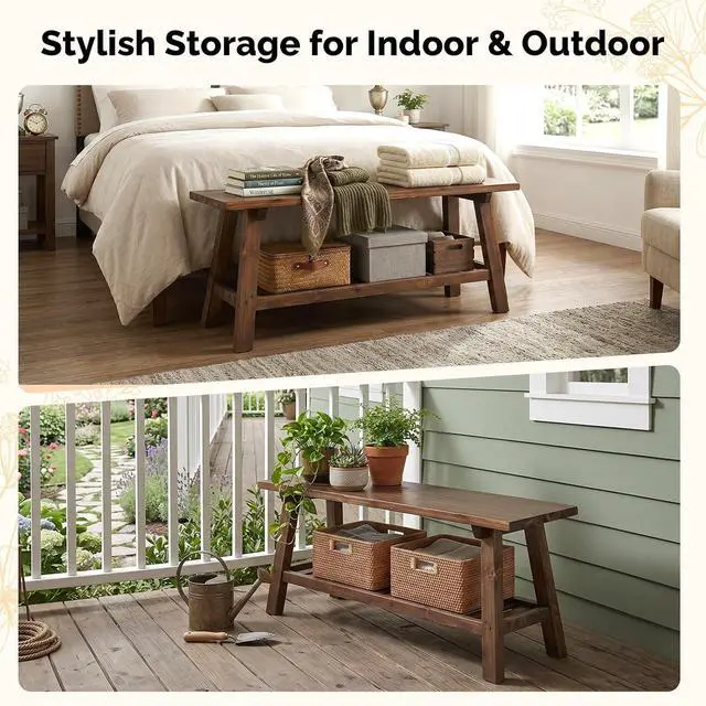 Alt view image 6 of 7 - VINGLI Rustic Storage Bench, Solid Wood Seat with Storage Shelf, Indoor Outdoor Shoe Rack, 450lbs Capacity Small Outdoor Bench for Mudroom Entryway Patio Porch (Brown, 43in)