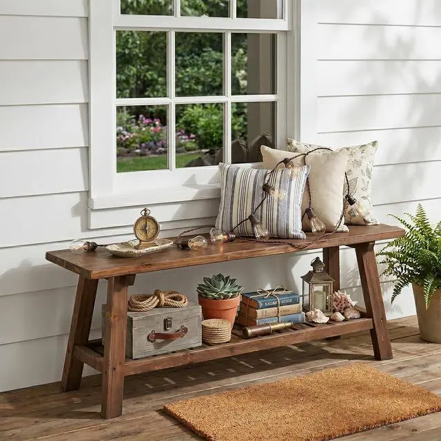 Alt view image 7 of 7 - VINGLI Rustic Storage Bench, Solid Wood Seat with Storage Shelf, Indoor Outdoor Shoe Rack, 450lbs Capacity Small Outdoor Bench for Mudroom Entryway Patio Porch (Brown, 43in)