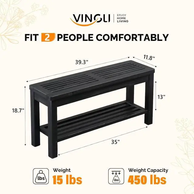 Alt view image 3 of 7 - VINGLI Rustic Storage Bench, Solid Wood Seat with Storage Shelf, Indoor Outdoor Shoe Rack, 450lbs Capacity Small Outdoor Bench for Mudroom Entryway Patio Porch (Black, 40in)