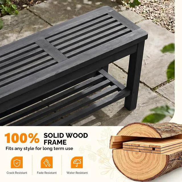 Alt view image 5 of 7 - VINGLI Rustic Storage Bench, Solid Wood Seat with Storage Shelf, Indoor Outdoor Shoe Rack, 450lbs Capacity Small Outdoor Bench for Mudroom Entryway Patio Porch (Black, 40in)