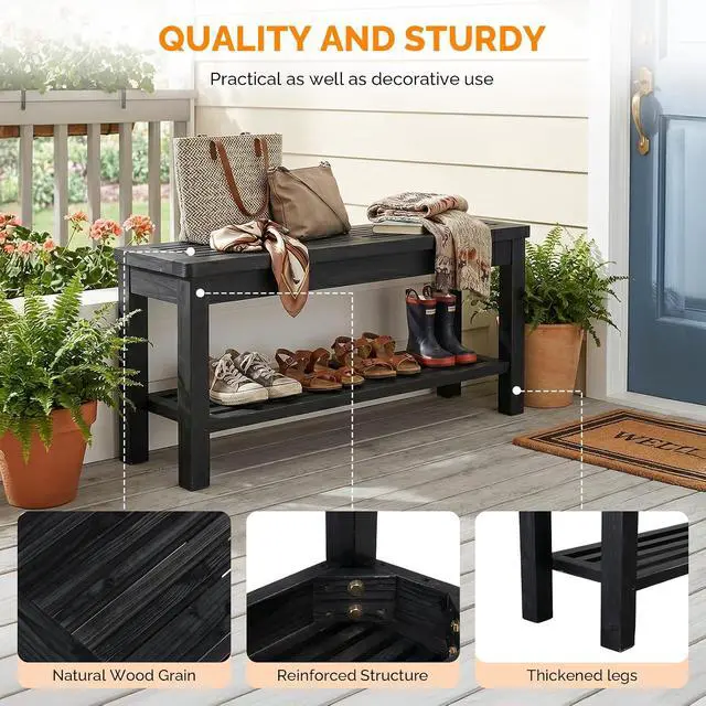 Alt view image 4 of 7 - VINGLI Rustic Storage Bench, Solid Wood Seat with Storage Shelf, Indoor Outdoor Shoe Rack, 450lbs Capacity Small Outdoor Bench for Mudroom Entryway Patio Porch (Black, 40in)