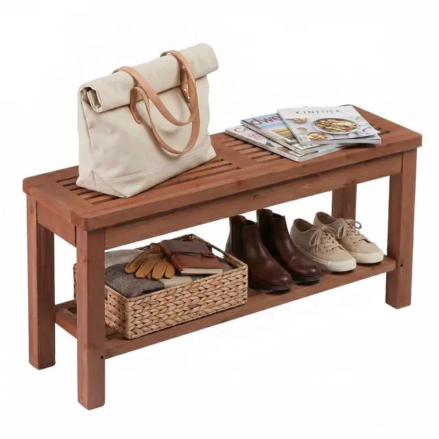 Main image of VINGLI Rustic Storage Bench, Solid Wood Seat with Storage Shelf, Indoor Outdoor Shoe Rack, 450lbs Capacity Small Outdoor Bench for Mudroom Entryway Patio Porch (Brown, 40in)