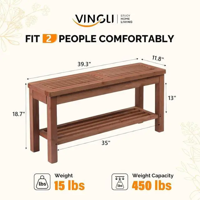 Alt view image 3 of 7 - VINGLI Rustic Storage Bench, Solid Wood Seat with Storage Shelf, Indoor Outdoor Shoe Rack, 450lbs Capacity Small Outdoor Bench for Mudroom Entryway Patio Porch (Brown, 40in)