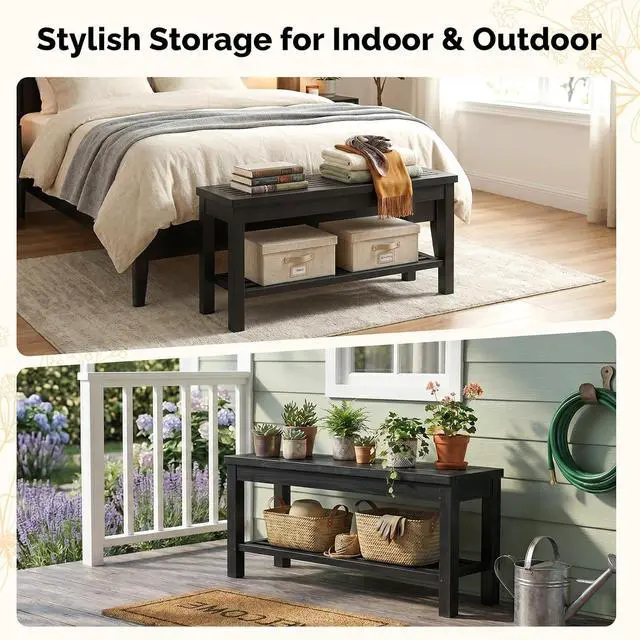 Alt view image 6 of 7 - VINGLI Rustic Storage Bench, Solid Wood Seat with Storage Shelf, Indoor Outdoor Shoe Rack, 450lbs Capacity Small Outdoor Bench for Mudroom Entryway Patio Porch (Black, 40in)