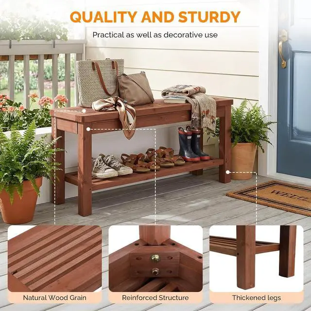 Alt view image 4 of 7 - VINGLI Rustic Storage Bench, Solid Wood Seat with Storage Shelf, Indoor Outdoor Shoe Rack, 450lbs Capacity Small Outdoor Bench for Mudroom Entryway Patio Porch (Brown, 40in)