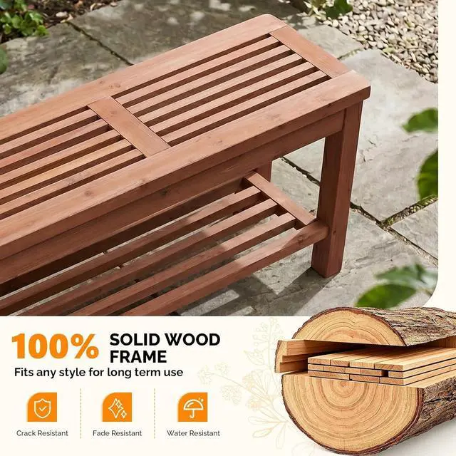 Alt view image 5 of 7 - VINGLI Rustic Storage Bench, Solid Wood Seat with Storage Shelf, Indoor Outdoor Shoe Rack, 450lbs Capacity Small Outdoor Bench for Mudroom Entryway Patio Porch (Brown, 40in)