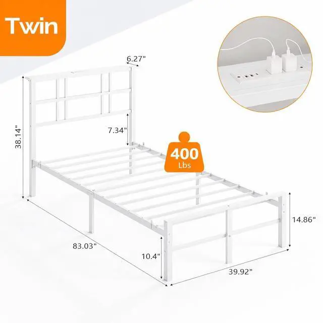 Alt view image 2 of 7 - VINGLI Twin Bed Frame with LED Lights and Charging Station, White Twin Size Bed Frame with Storage Headboard with Shelf, Heavy Duty Platform Bed, Noise Free, No Box Spring Needed, White