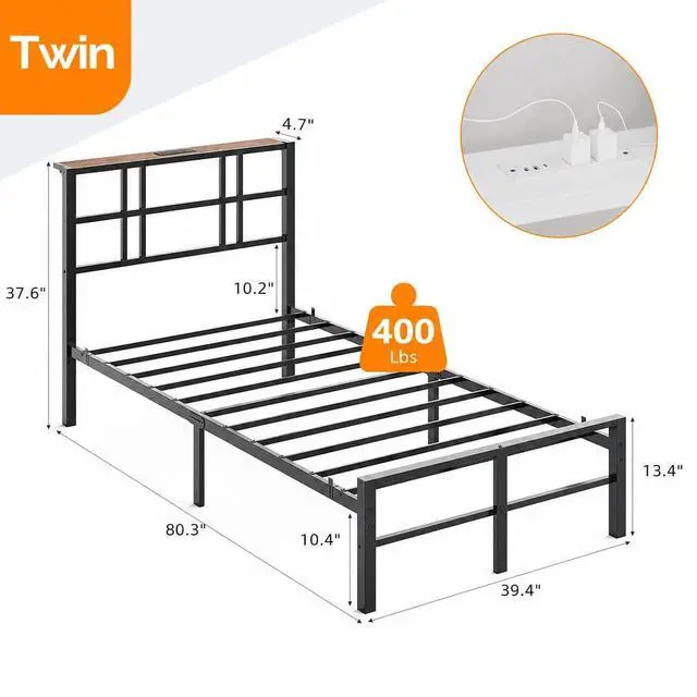 Alt view image 2 of 7 - VINGLI Twin Bed Frame with LED Lights and Charging Station, Black Twin Size Bed Frame with Storage Headboard with Shelf, Heavy Duty Platform Bed, Noise Free, No Box Spring Needed, Black
