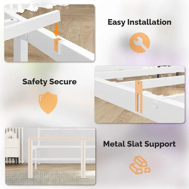 Alt view image 6 of 7 - VINGLI Twin Bed Frame with LED Lights and Charging Station, White Twin Size Bed Frame with Storage Headboard with Shelf, Heavy Duty Platform Bed, Noise Free, No Box Spring Needed, White