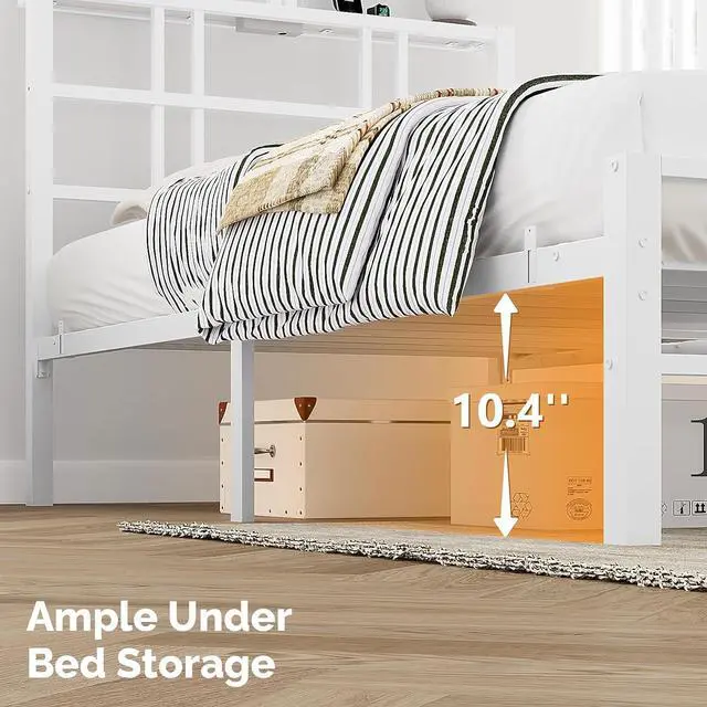 Alt view image 5 of 7 - VINGLI Twin Bed Frame with LED Lights and Charging Station, White Twin Size Bed Frame with Storage Headboard with Shelf, Heavy Duty Platform Bed, Noise Free, No Box Spring Needed, White