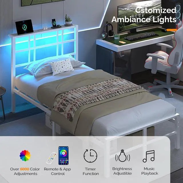 Alt view image 7 of 7 - VINGLI Twin Bed Frame with LED Lights and Charging Station, White Twin Size Bed Frame with Storage Headboard with Shelf, Heavy Duty Platform Bed, Noise Free, No Box Spring Needed, White